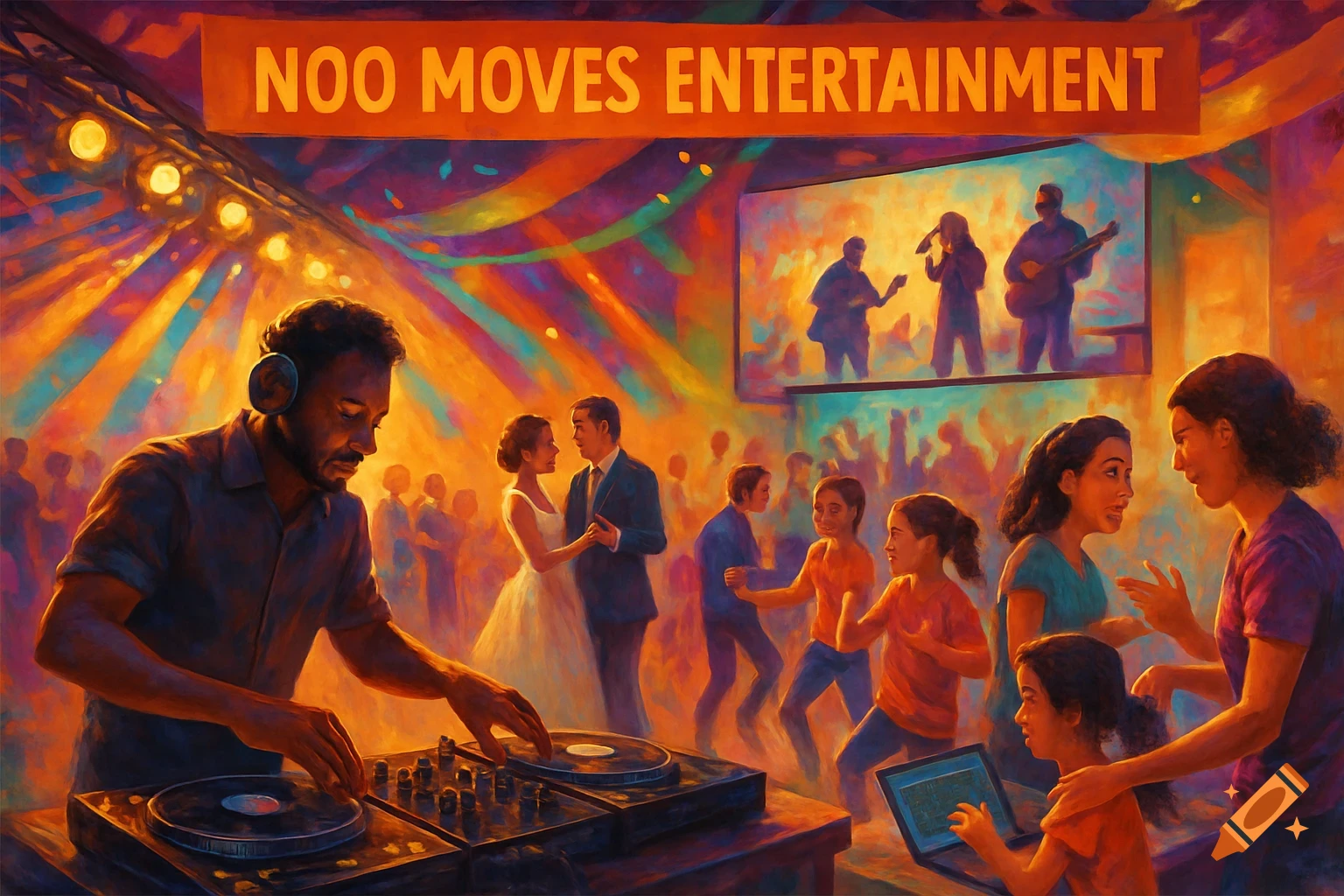 A vibrant, painterly image of a diverse group of people at a lively music event with a DJ and a band on screen under a banner that reads "NOO MOVES ENTERTAINMENT".