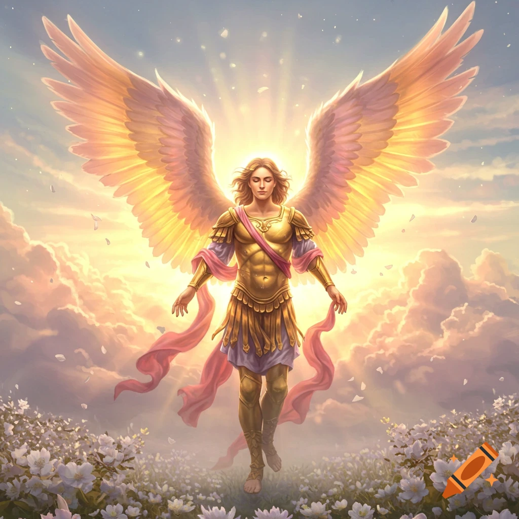 A majestic angel with large golden wings and armor stands serenely in a field of white flowers under a celestial sky.