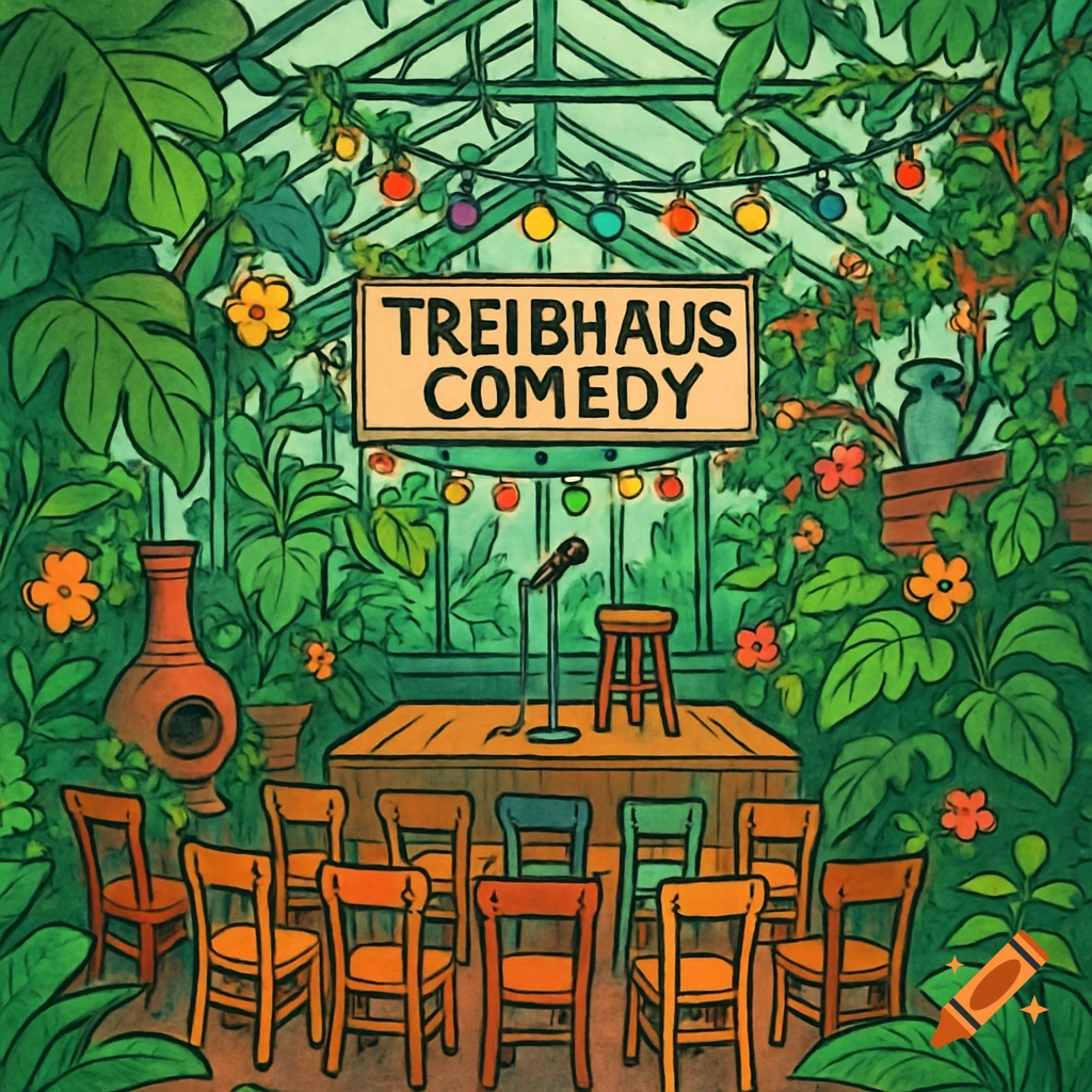 Cartoon illustration of a comedy stage in a greenhouse with a 'TREIBHAUS COMEDY' sign, microphone, stool, chairs, and string lights.