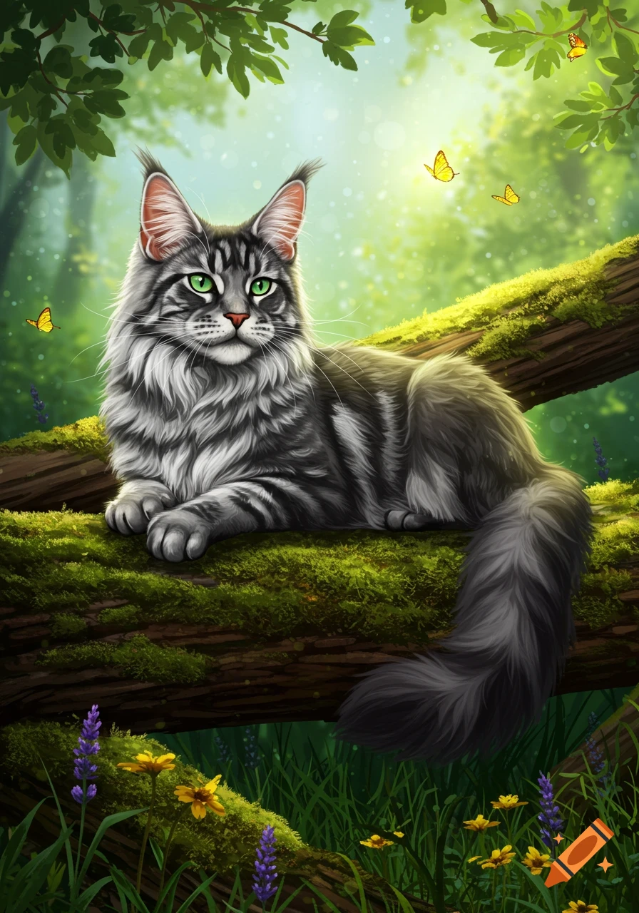 A majestic silver tabby Maine Coon cat with bright green eyes rests on a mossy log in a sun-dappled forest, with yellow butterflies.