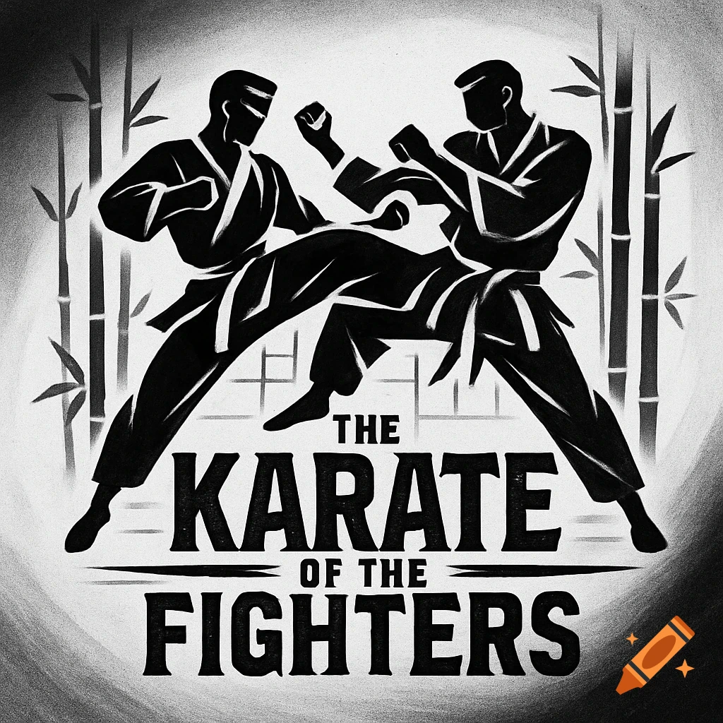 Stylized black and white logo featuring two karate fighters in action, with bamboo stalks and the text 'THE KARATE OF THE FIGHTERS'.