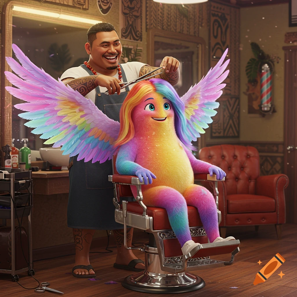 A smiling barber cuts the rainbow-colored hair of a winged, furry creature in a detailed barbershop.