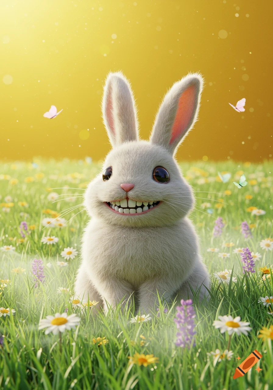A fluffy white bunny with human-like teeth smiles broadly in a field of green grass and colorful flowers, with butterflies in the sunny background.