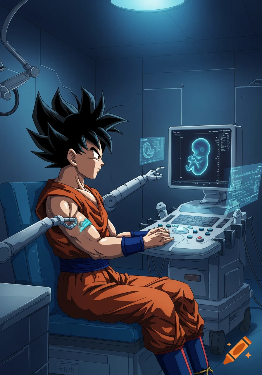Anime style image of Goku, a Saiyan, in a dark sci-fi medical room, hooked up to an ultrasound machine displaying an embryo.