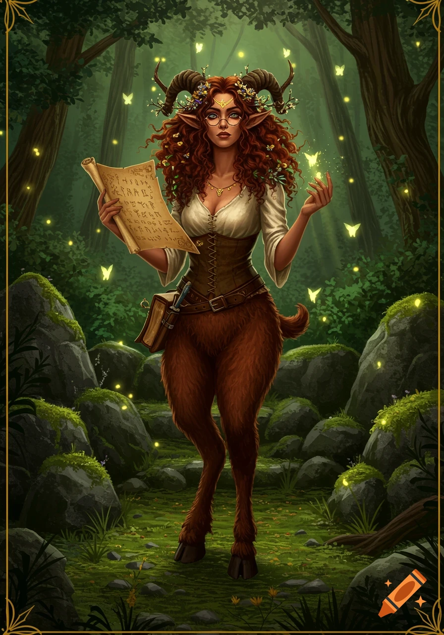 A female satyr with curly red hair, horns, and goat legs stands in a forest, holding a scroll and glowing magical butterflies.