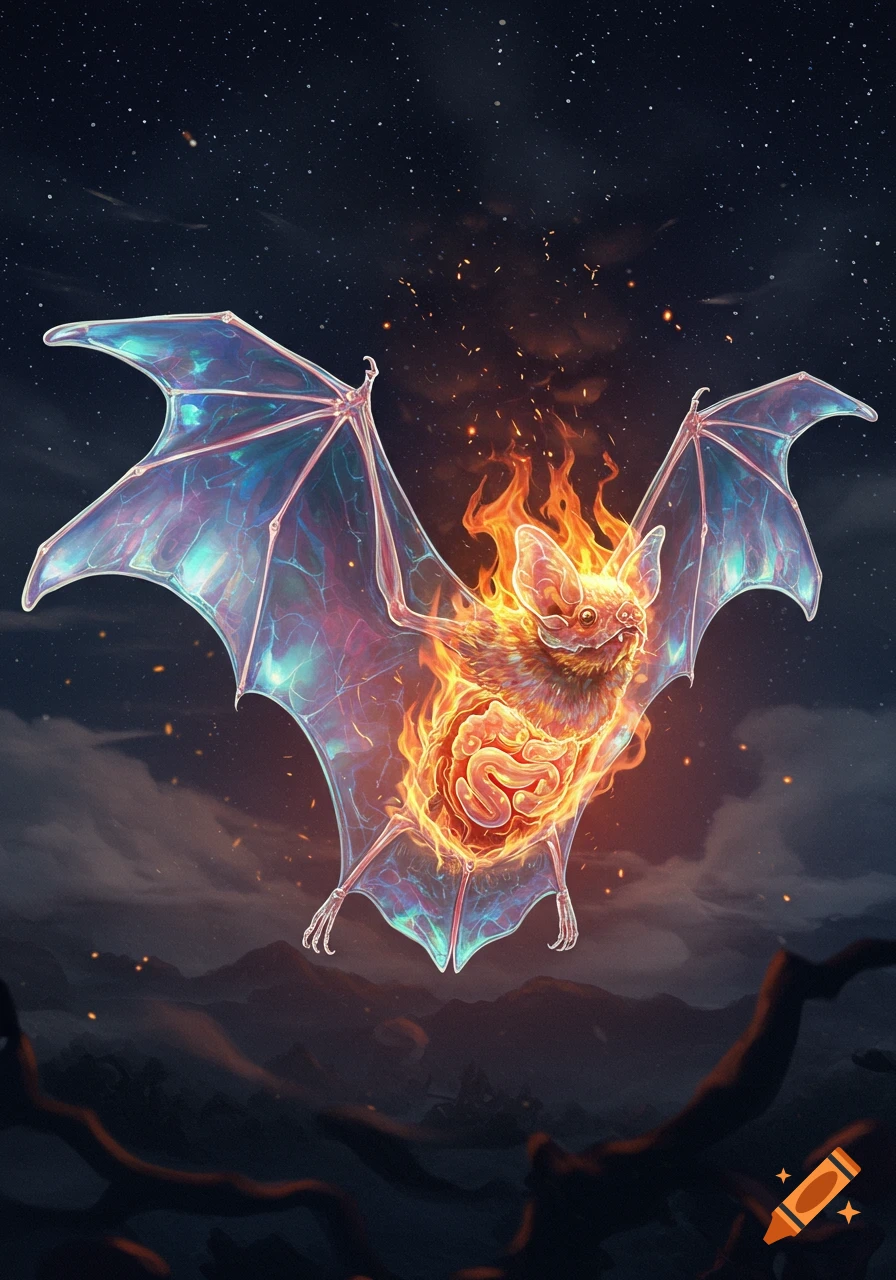 A transparent, glowing bat with a fiery core exposing organs flies against a starry night sky above dark mountains.