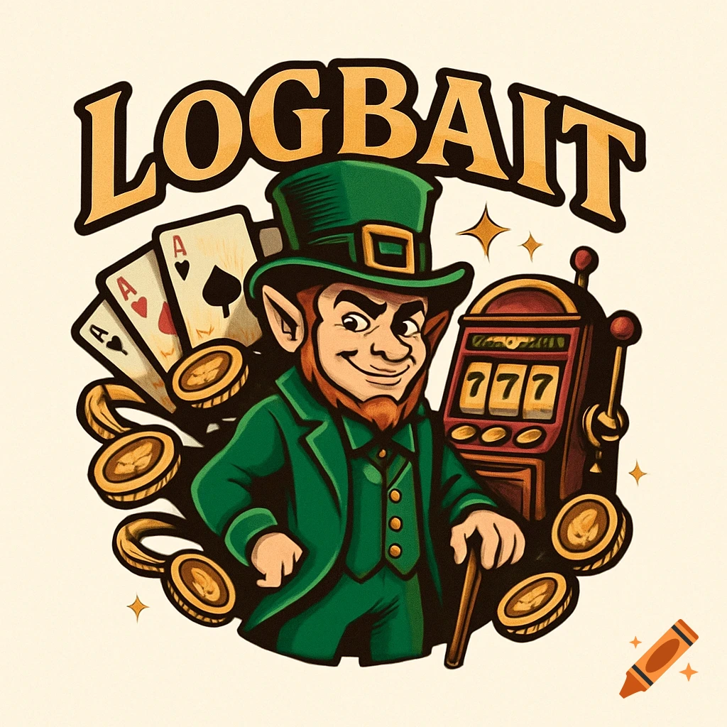 Cartoon leprechaun in green with playing cards, slot machine, and coins, under the text 'LOGBAIT' in a logo illustration style.