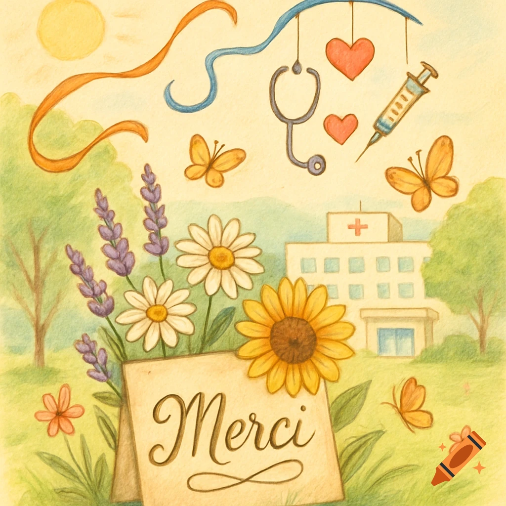 A colorful illustration with a card reading "Merci" among flowers, butterflies, a hospital, and medical symbols like a stethoscope and syringe.