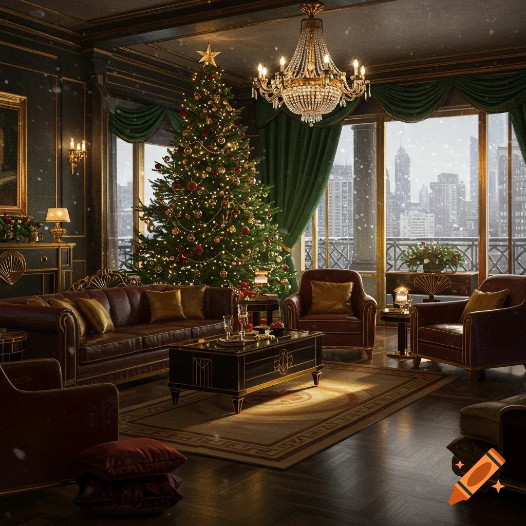 A luxurious Art Deco living room during Christmas, featuring a decorated tree, a grand chandelier, leather furniture, and a snowy city view.