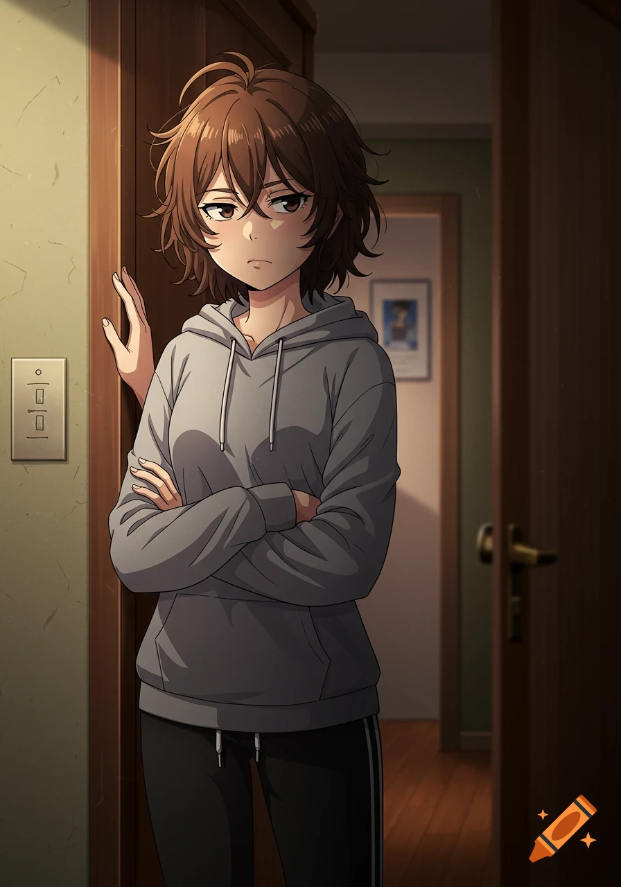 Anime-style young woman with short brown hair, looking annoyed, wearing a grey hoodie and black sweatpants, standing in a doorway.