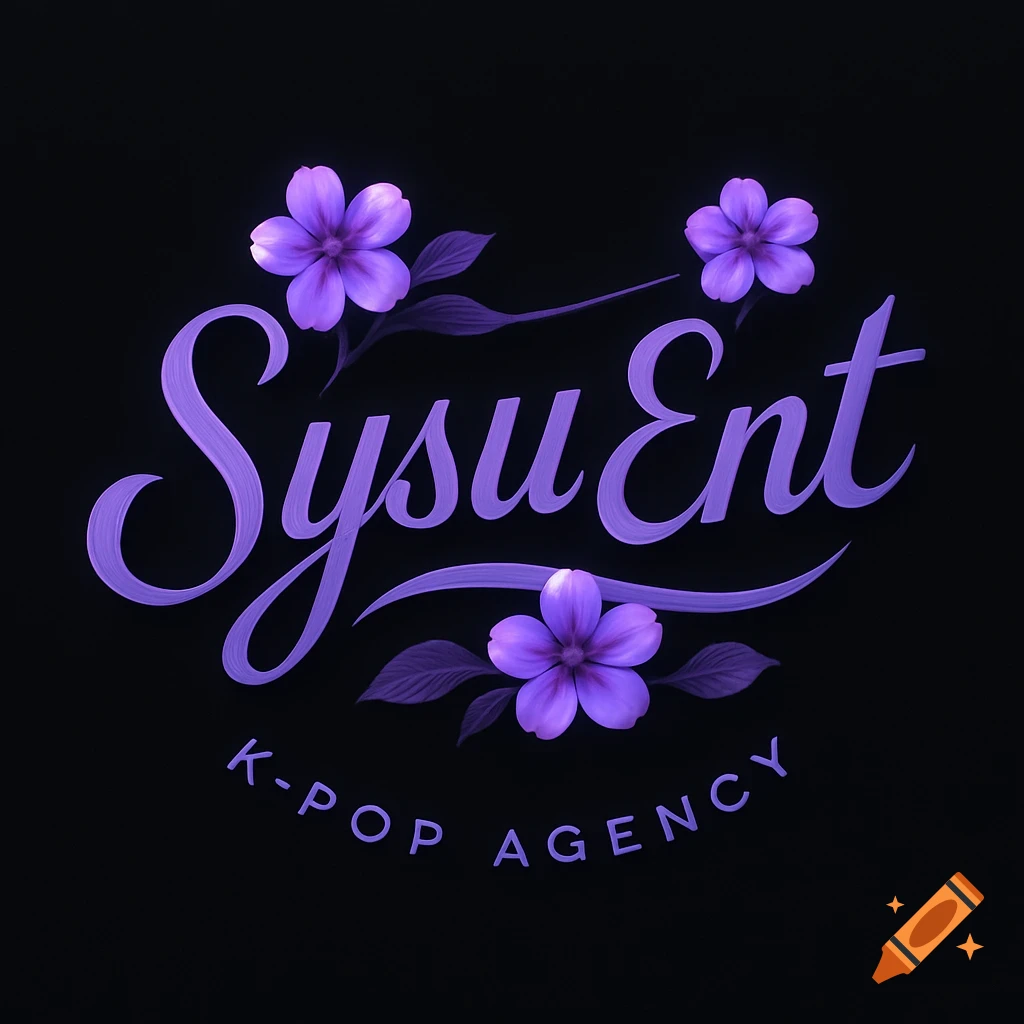 A K-POP AGENCY logo with purple stylized text 'SysuEnt' and 'K-POP AGENCY' surrounded by purple flowers on a black background.