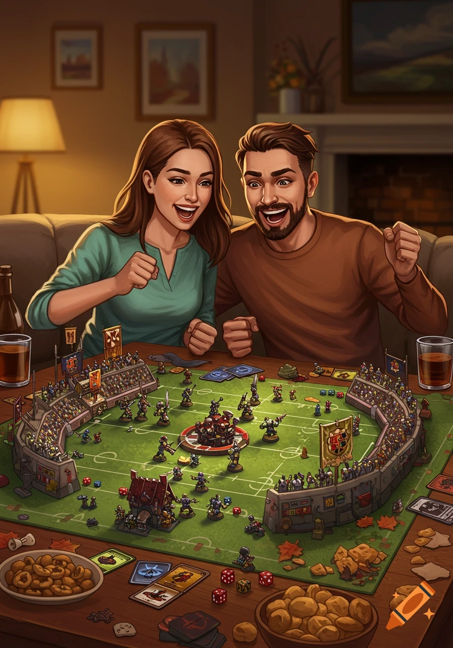 A happy couple excitedly playing a fantasy tabletop board game with miniature figures in a cozy living room.