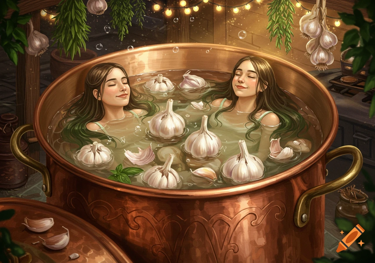 Two smiling young women relax in a giant copper cooking pot filled with water and many garlic bulbs, amidst hanging plants and string lights.
