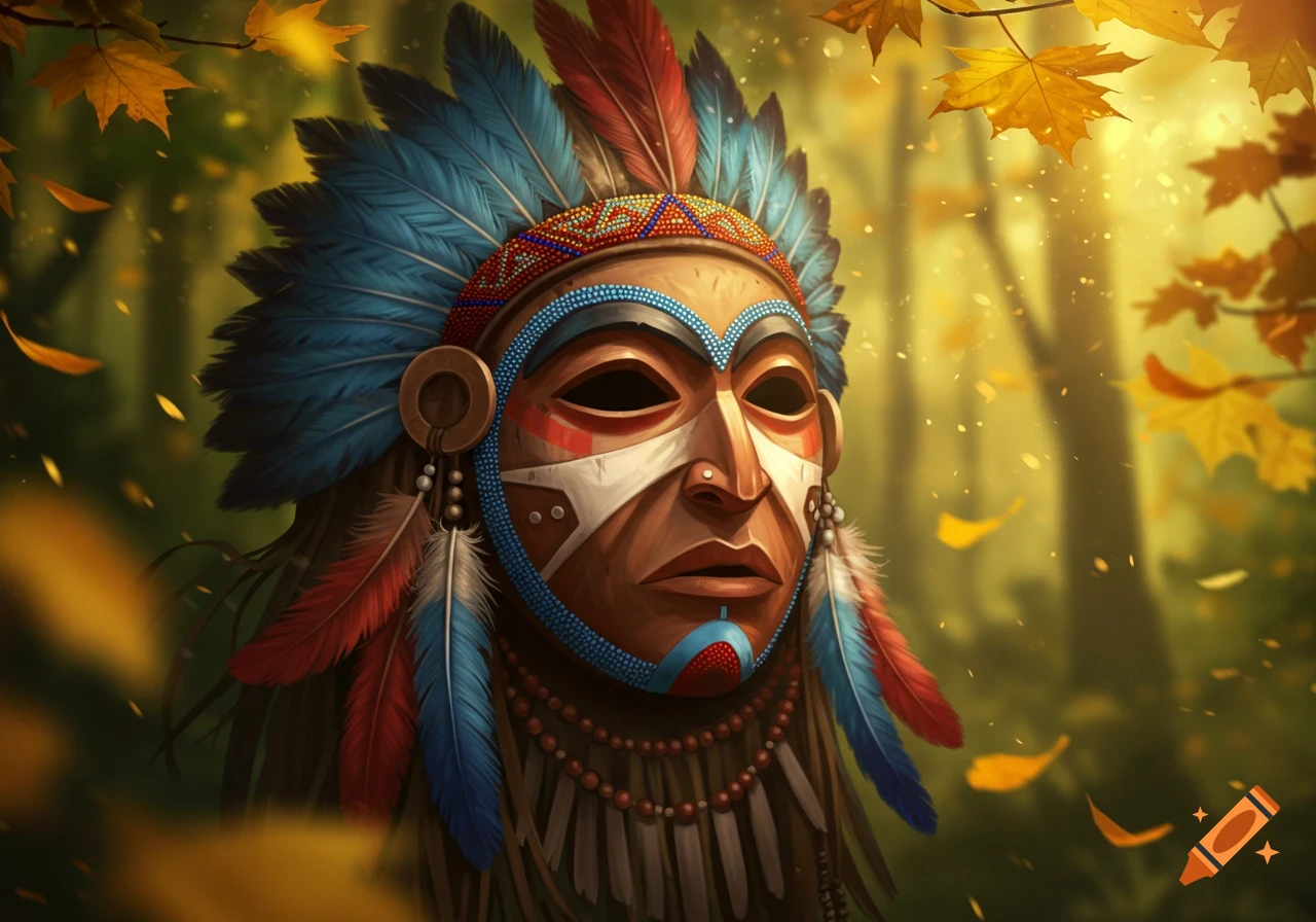 A detailed, colorful ceremonial mask with blue and red feathers and beaded adornments, set against a blurred autumn forest background with golden leaves.