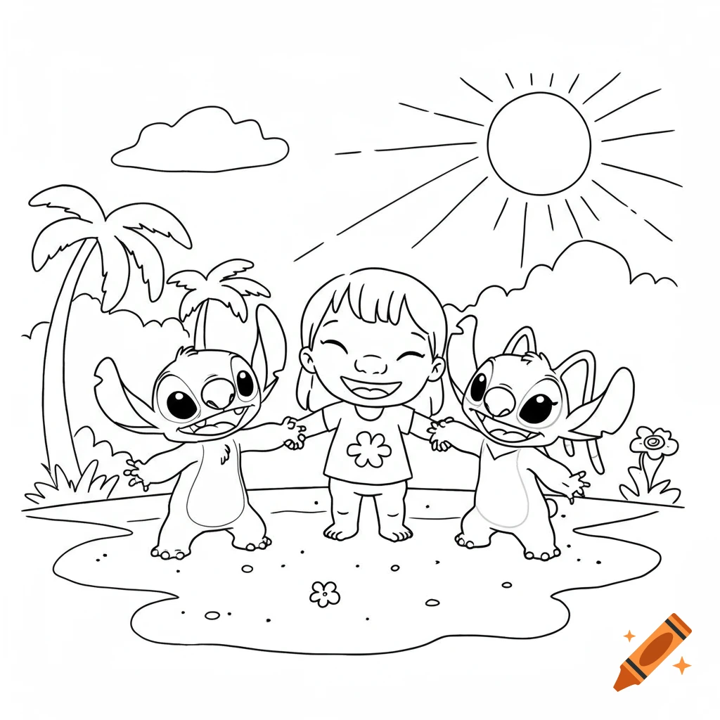 A black-and-white line art coloring page of a smiling girl holding hands with Stitch and Angel, with palm trees and sun.