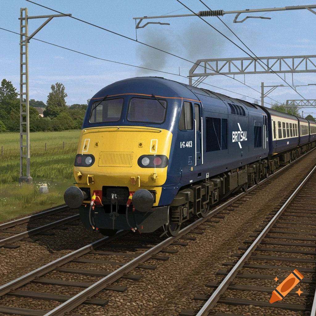 A blue and yellow British HST Class 43 train on tracks in a sunny countryside scene, with overhead power lines.