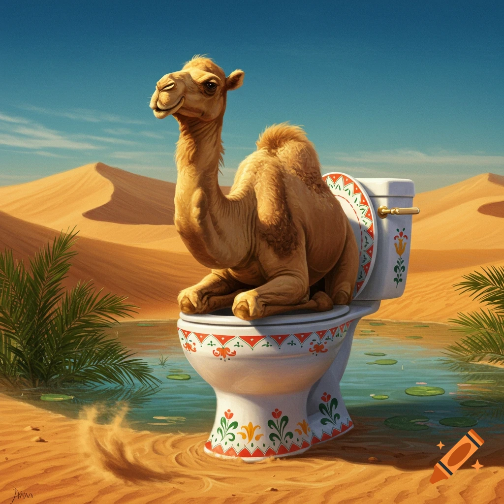 A camel sits on a decorative white toilet in a vast desert landscape with sand dunes, green plants, and a small pond.