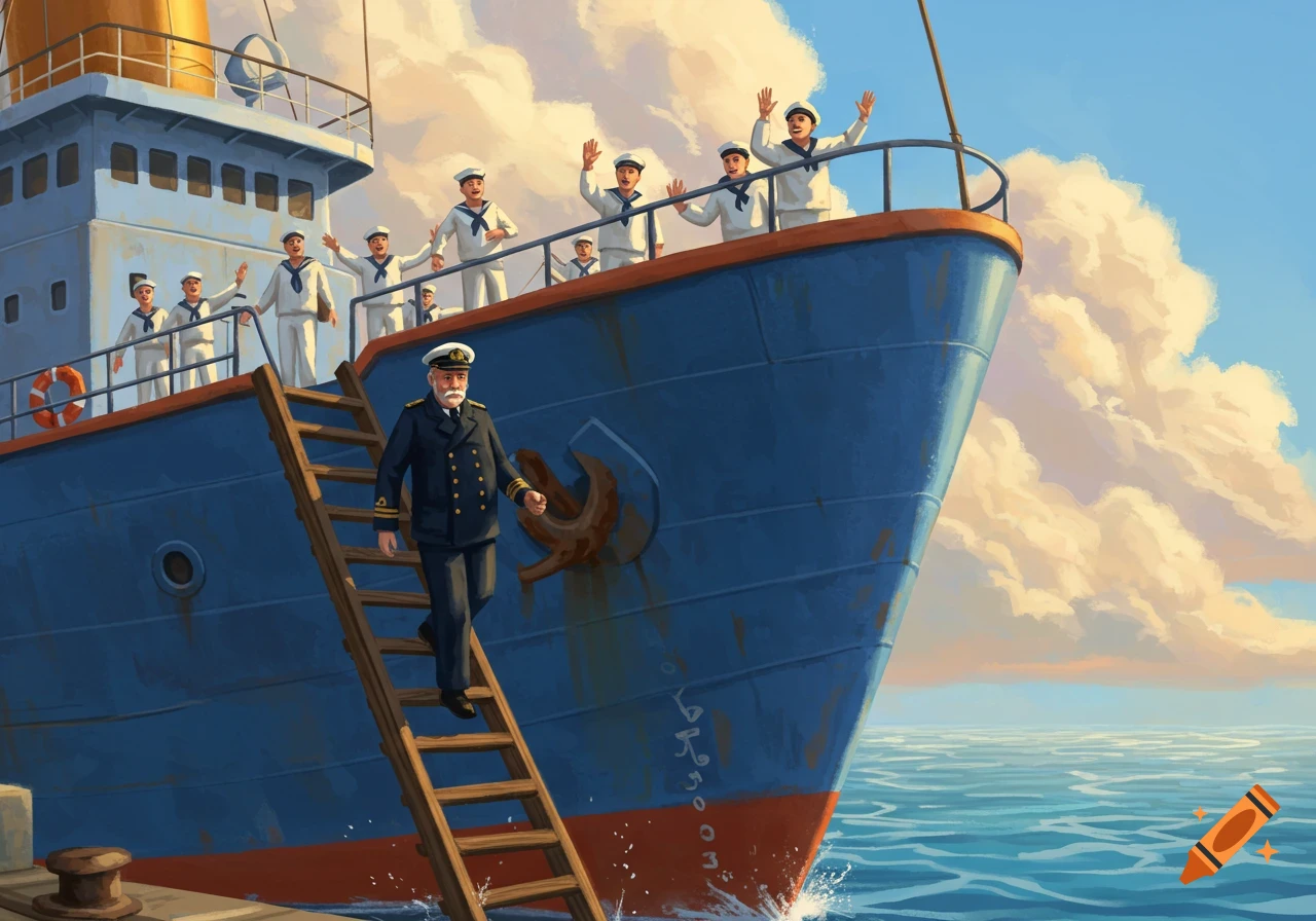 An illustration of a captain descending a ladder from a blue ship, as sailors wave from the deck against a cloudy sky.