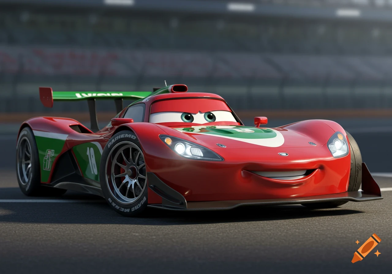 A red, green, and white animated race car with large eyes and a smiling mouth, resembling Francesco Bernoulli from Pixar's Cars 2, sits on a racetrack.