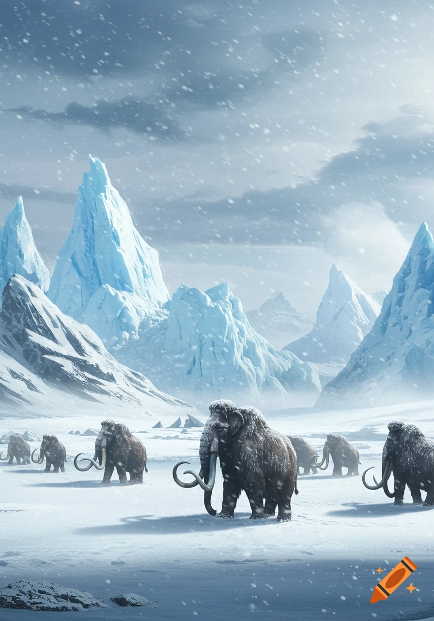 A herd of woolly mammoths walks through a snowy valley with towering ice formations and mountains under a cloudy, snowing sky.