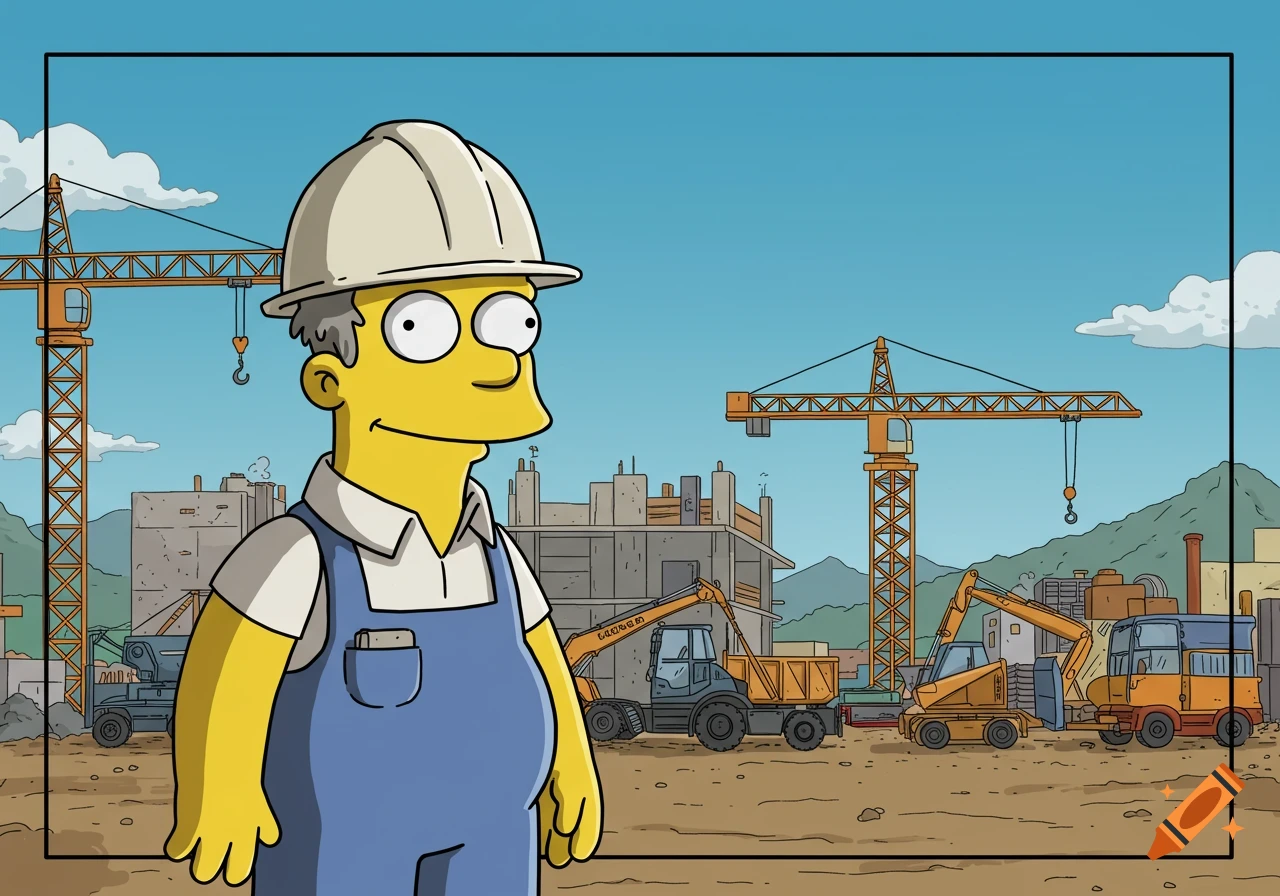 A Simpsons-style construction manager in a white hard hat and blue overalls stands before a busy construction site with cranes and excavators.
