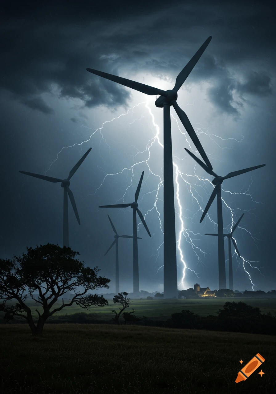 Dramatic photorealistic image of wind turbines silhouetted against a stormy sky with lightning striking in the background.