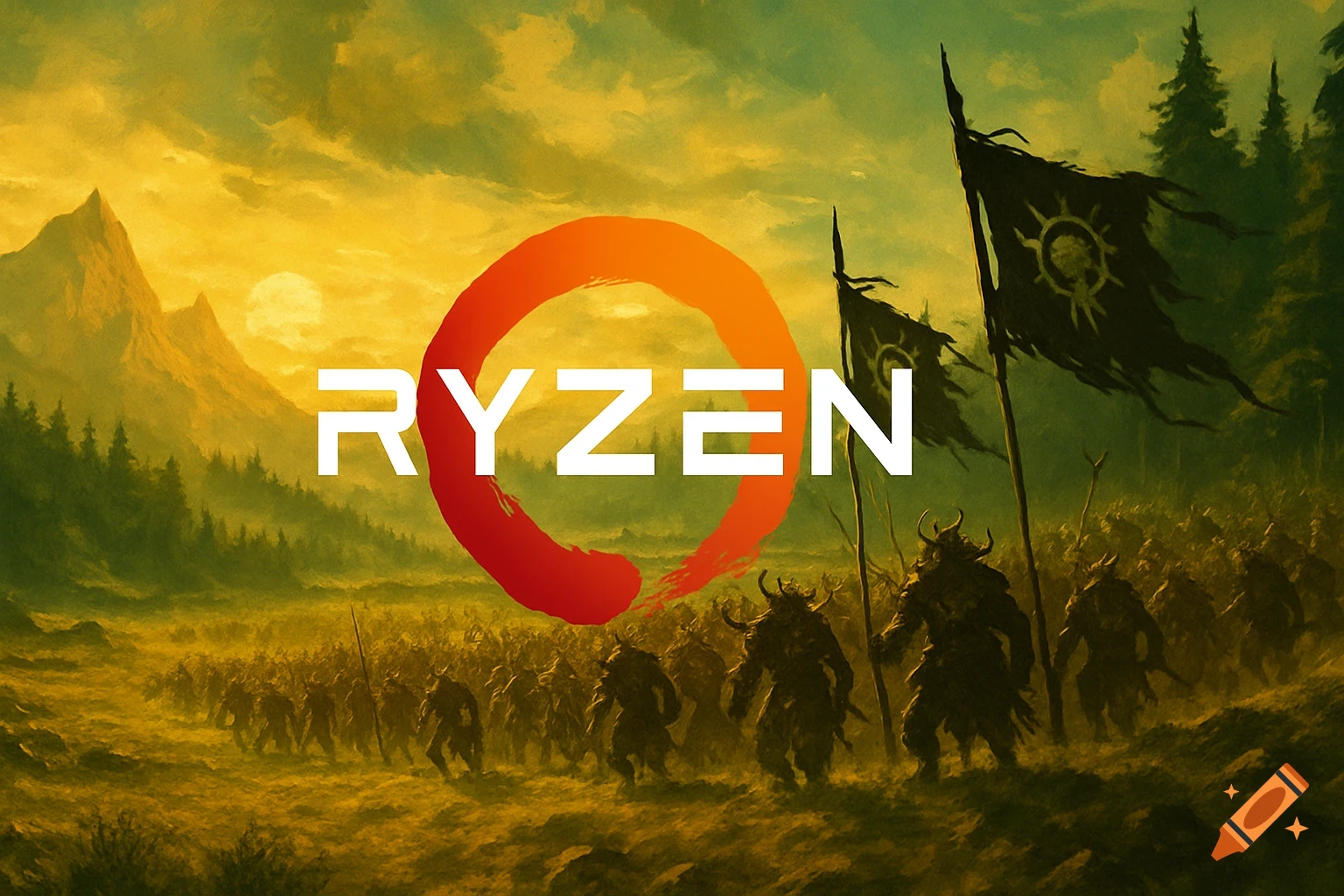 A fantasy landscape with a sunset sky over a forest and mountains, a large army of horned creatures marching, overlaid by a prominent white RYZEN text and orange AMD logo.