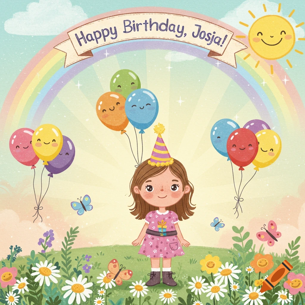 Watercolor illustration of a girl in a party hat in a flower field with balloons, rainbow, and smiling sun. Banner says 'Happy Birthday, Josja!'