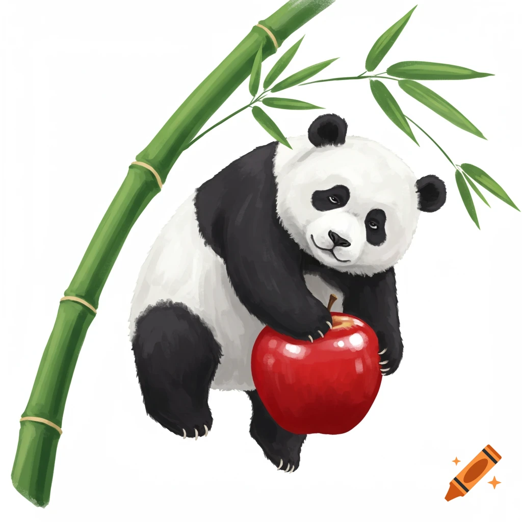 Cartoon panda dangles from a bamboo stalk, holding a large red apple on a white background.