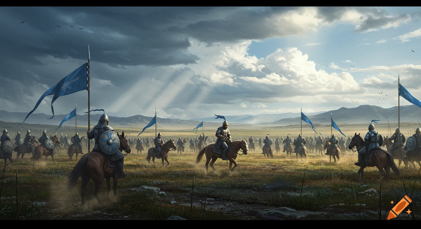 A vast army of armored cavalry with blue flags rides across a grassy plain under a dramatic cloudy sky, with mountains in the background.