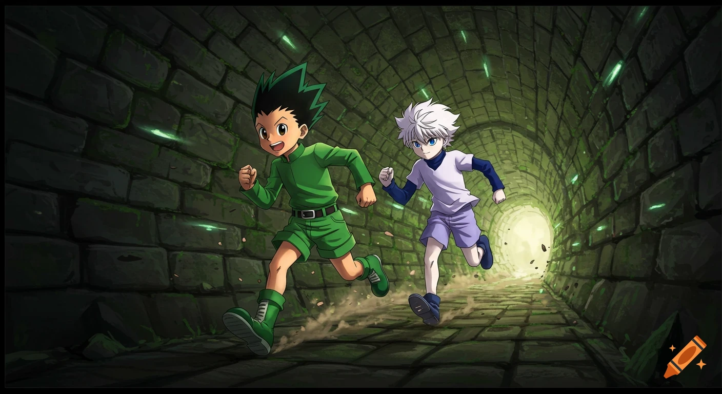 Gon and Killua from Hunter x Hunter run with determined expressions through a dark, glowing stone tunnel.