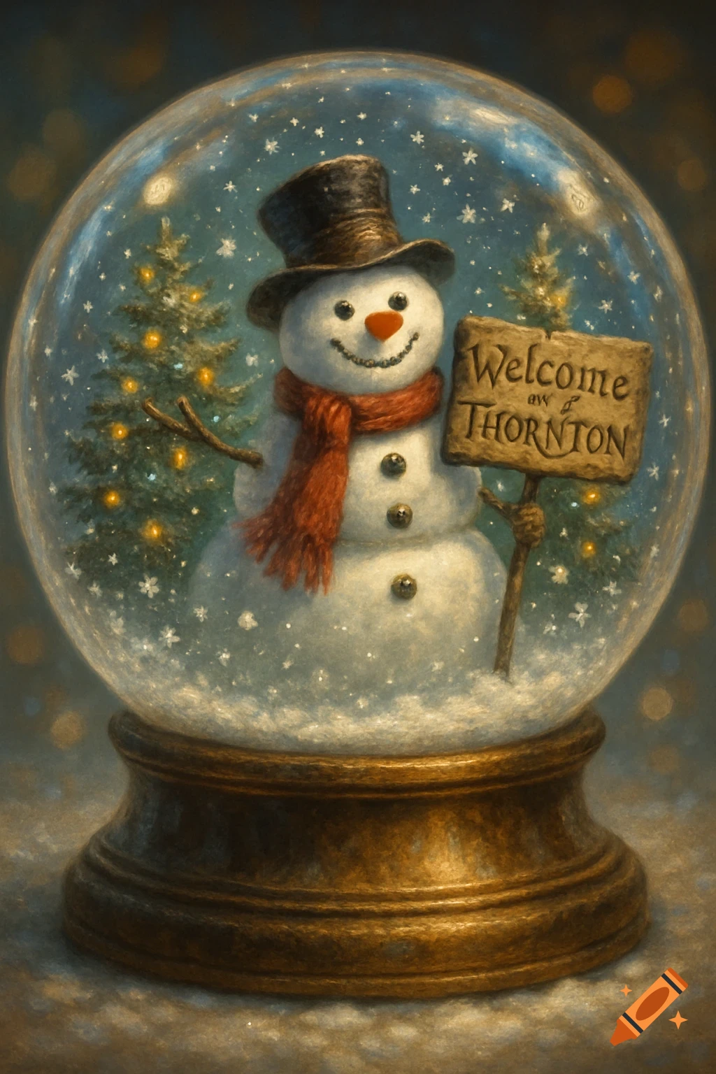 A whimsical snow globe with a snowman in a top hat and scarf, holding a 'Welcome to Thornton' sign, next to a lit Christmas tree.