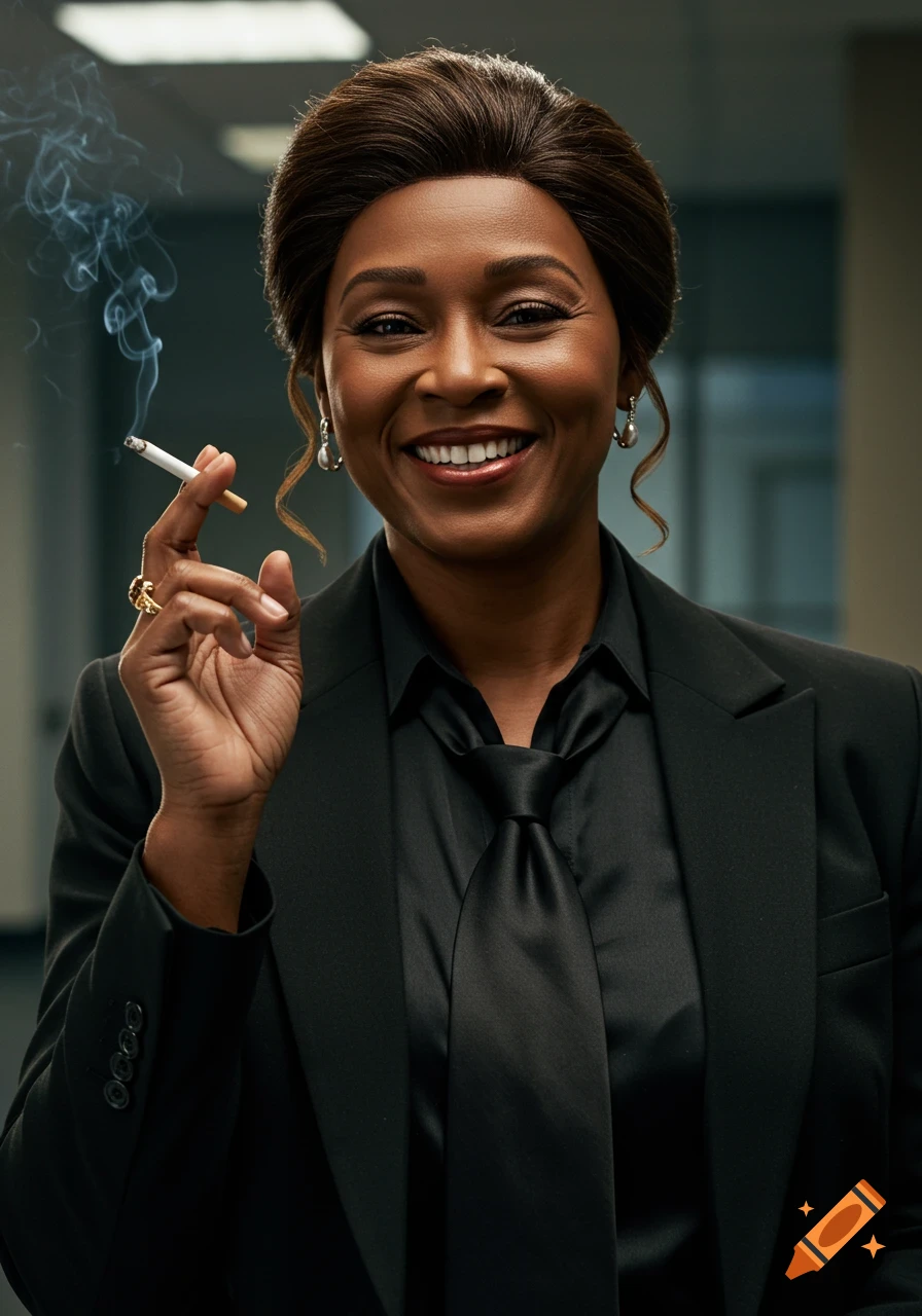 A smiling woman in a black blazer and tie holds a lit cigarette, smoke curling upwards, in a photorealistic portrait.