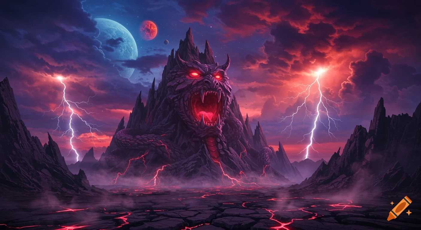 An epic retro 80s fantasy landscape with a monstrous, red-eyed mountain face, lightning, and alien planets under a stormy sky.