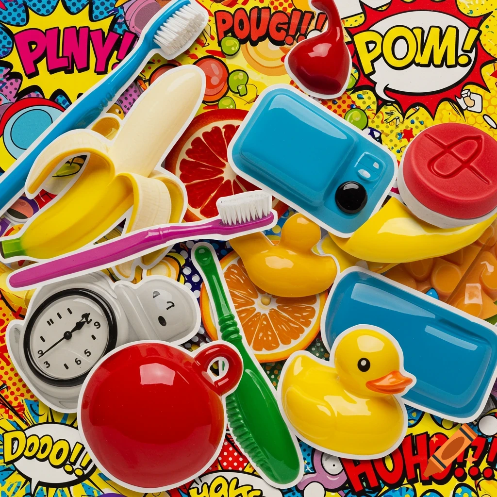 A vibrant pop art photo montage of everyday objects like toothbrushes, bananas, rubber ducks, and a clock, against a comic book-style background with speech bubbles.