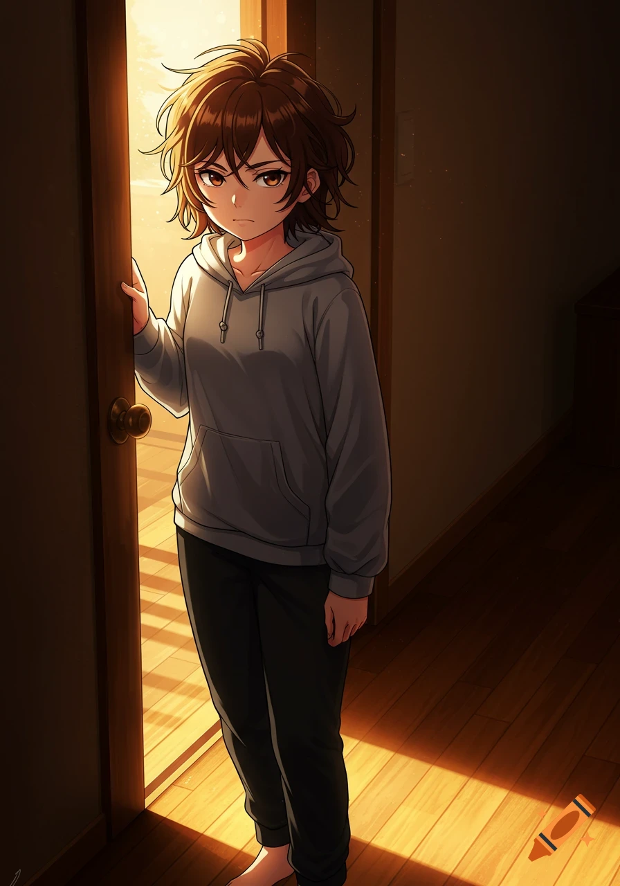 Anime-style young woman with messy brown hair, looking annoyed, wearing a grey hoodie and black sweatpants, standing in a sunlit doorway.