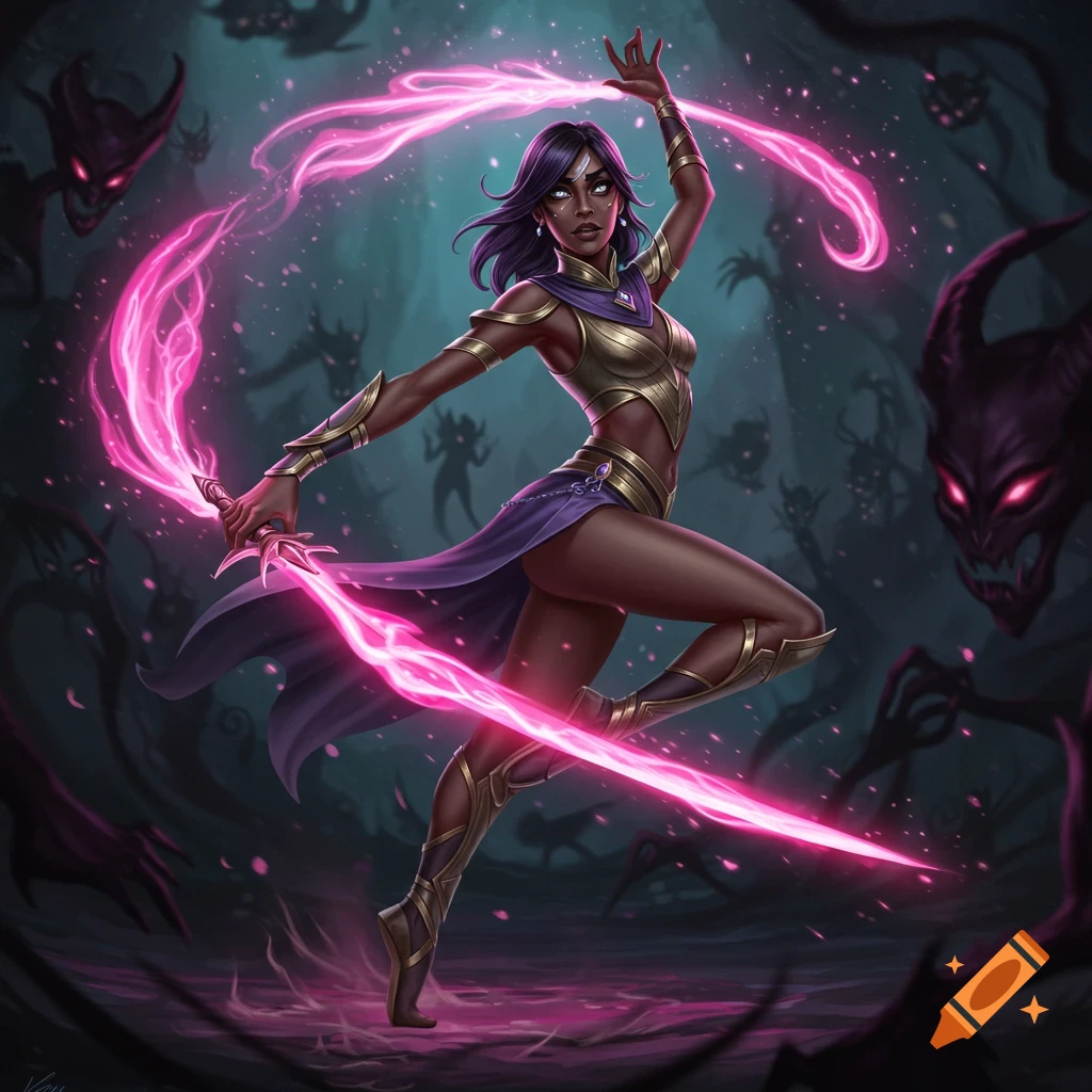 Dynamic dark-skinned warrior with glowing pink magic sword and spell, surrounded by shadowy demons in a dark fantasy digital painting.
