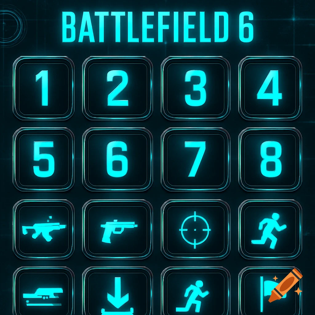 A grid of neon blue gaming icons for Battlefield 6, featuring numbers 1-8 and symbols for weapons, targeting, running, and actions.