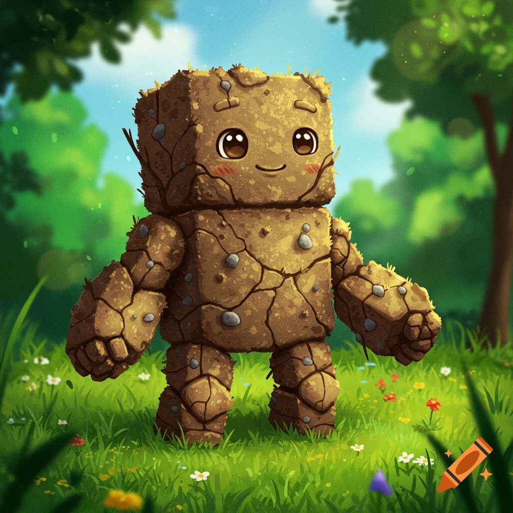 A cute, smiling blocky dirt creature with big eyes stands in a vibrant green meadow with flowers under a blue sky.