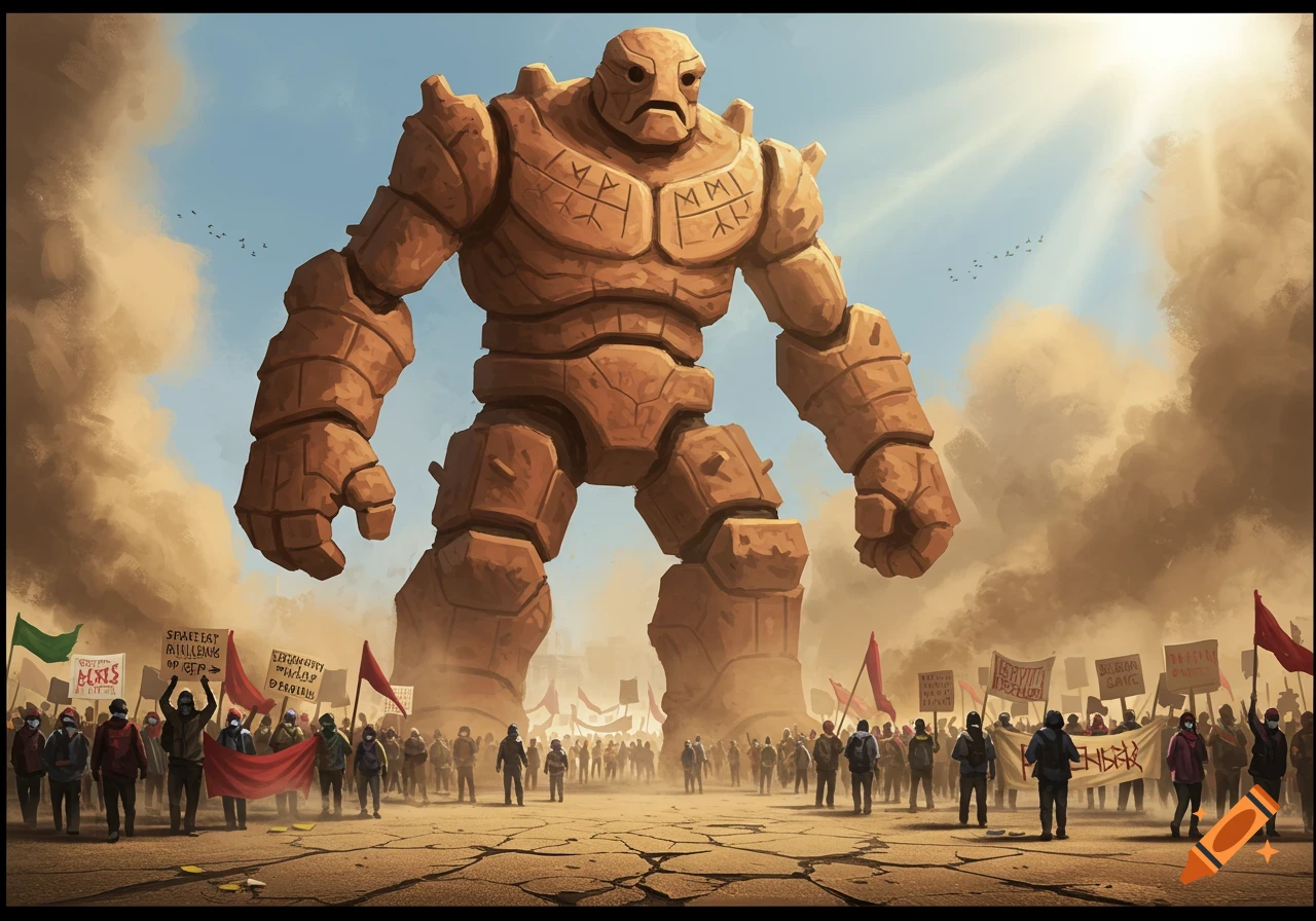 A massive clay golem stands amidst a crowd of human protestors holding signs and banners, under a dusty, bright sky.