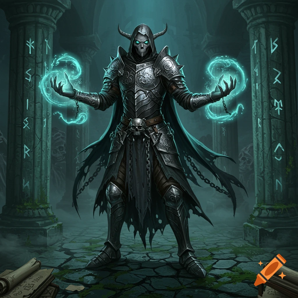 A powerful necromancer in dark horned armor with glowing blue eyes and a tattered cloak stands in a ruined crypt, wielding cyan magic in both hands. Runes are carved into ancient pillars and on scrolls on the ground.