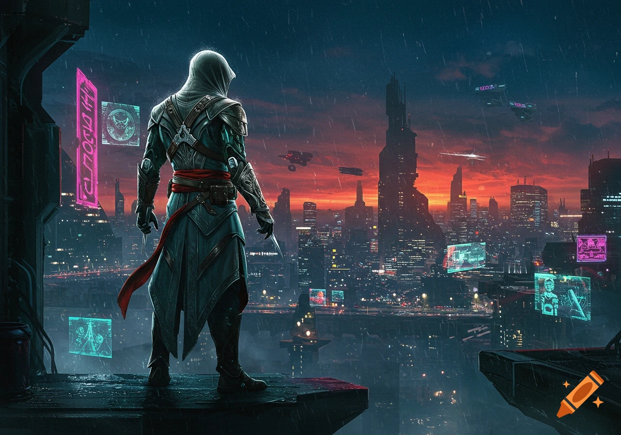 A hooded warrior in a teal robe with a red sash stands on a futuristic ledge overlooking a rainy, cyberpunk cityscape at sunset with flying vehicles and glowing holographic screens.