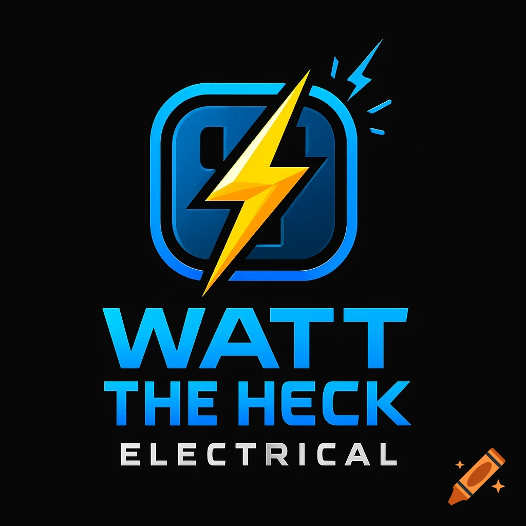 A blue and yellow lightning bolt logo for 'Watt the Heck Electrical' on a black background.