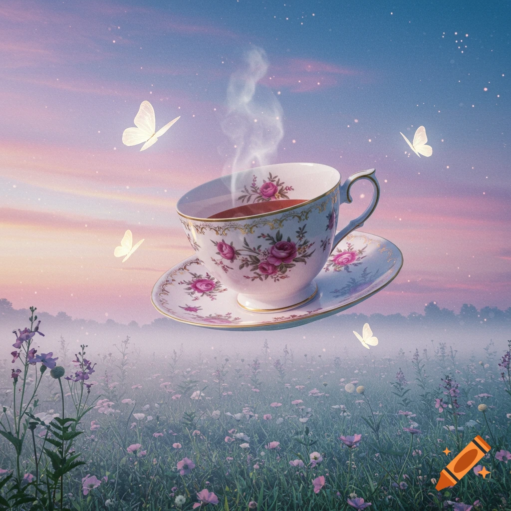 A decorative teacup with pink roses and gold trim floats above a misty field of wildflowers, surrounded by glowing white butterflies under a pastel pink and blue sky.