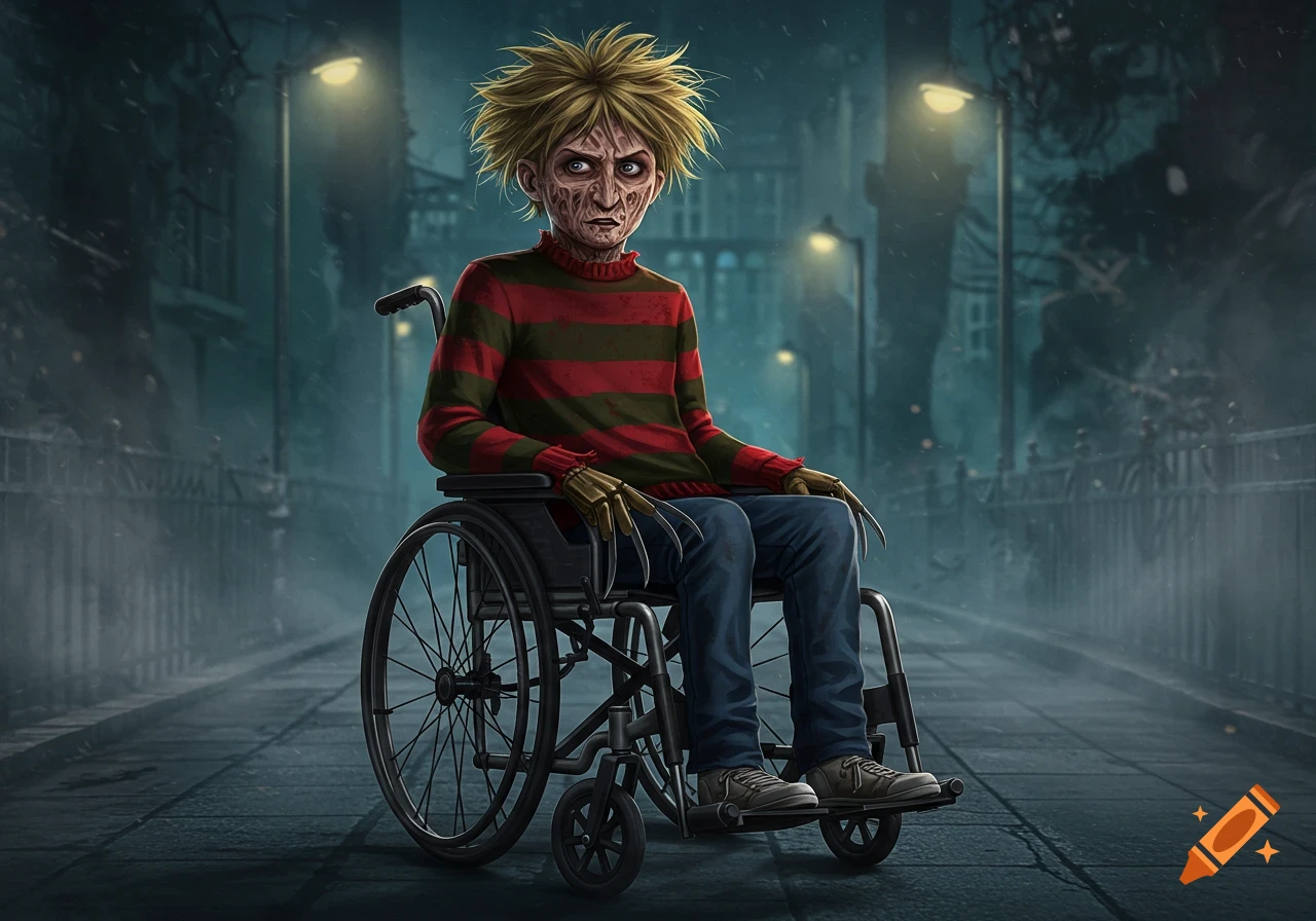 A cartoon character with a scarred face, spiky blond hair, and clawed hands, resembling Freddy Krueger, sits in a wheelchair on a dark street.
