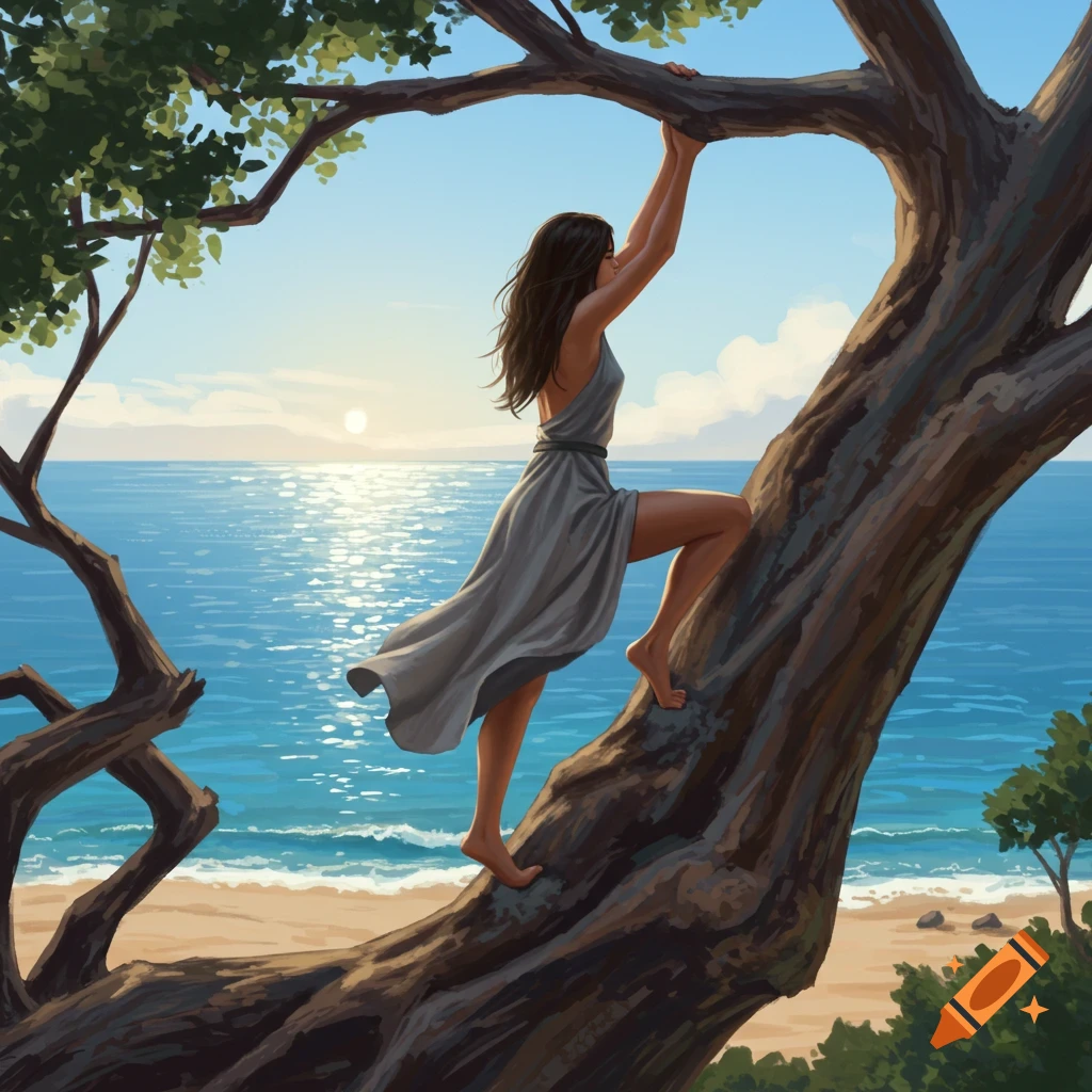 A woman in a grey dress climbs a large tree barefoot on a sunny beach, with a shimmering blue sea in the background.