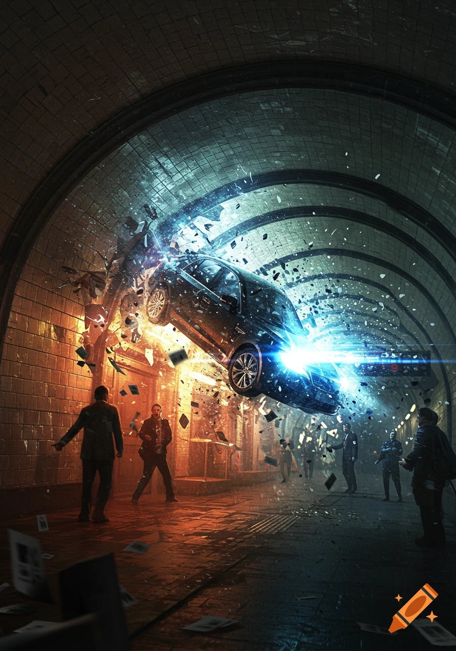A black car with glowing blue headlights crashes through a subway tunnel wall, scattering debris and papers while people react.