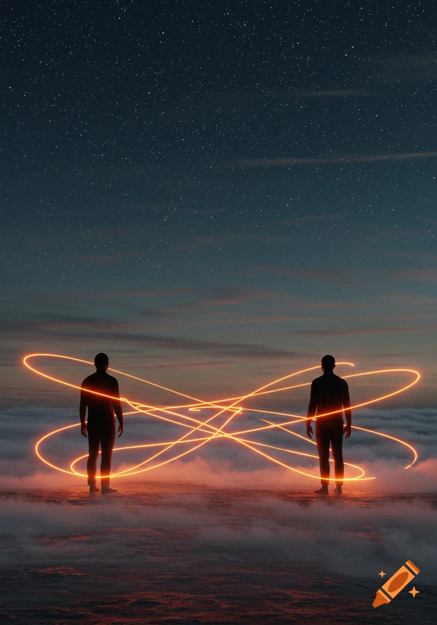 Two silhouetted figures stand on a misty surface under a starry night sky, connected by glowing orange light trails.