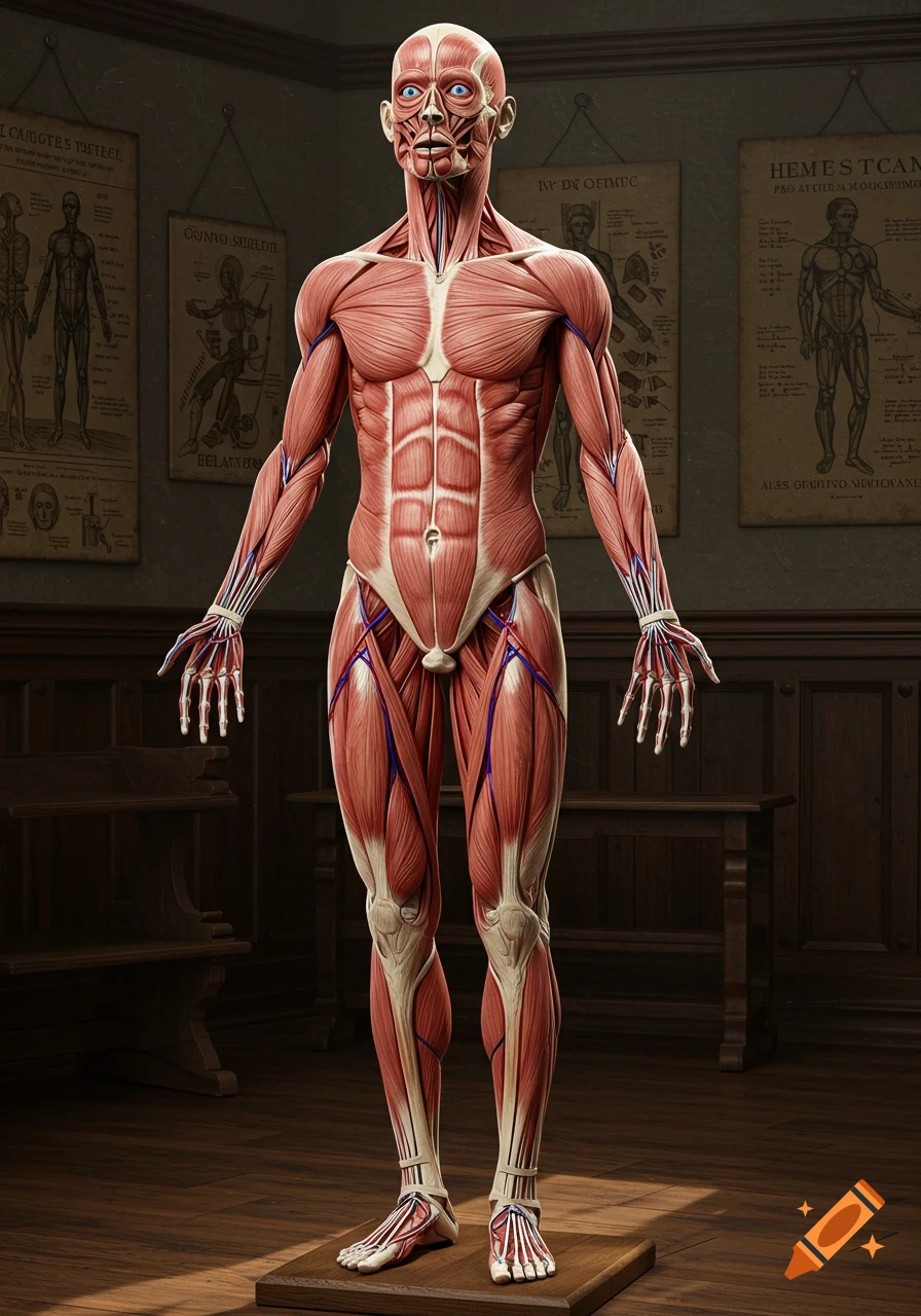 A detailed anatomical model of the human body, showing muscles and veins, stands in a museum-like room with old charts.