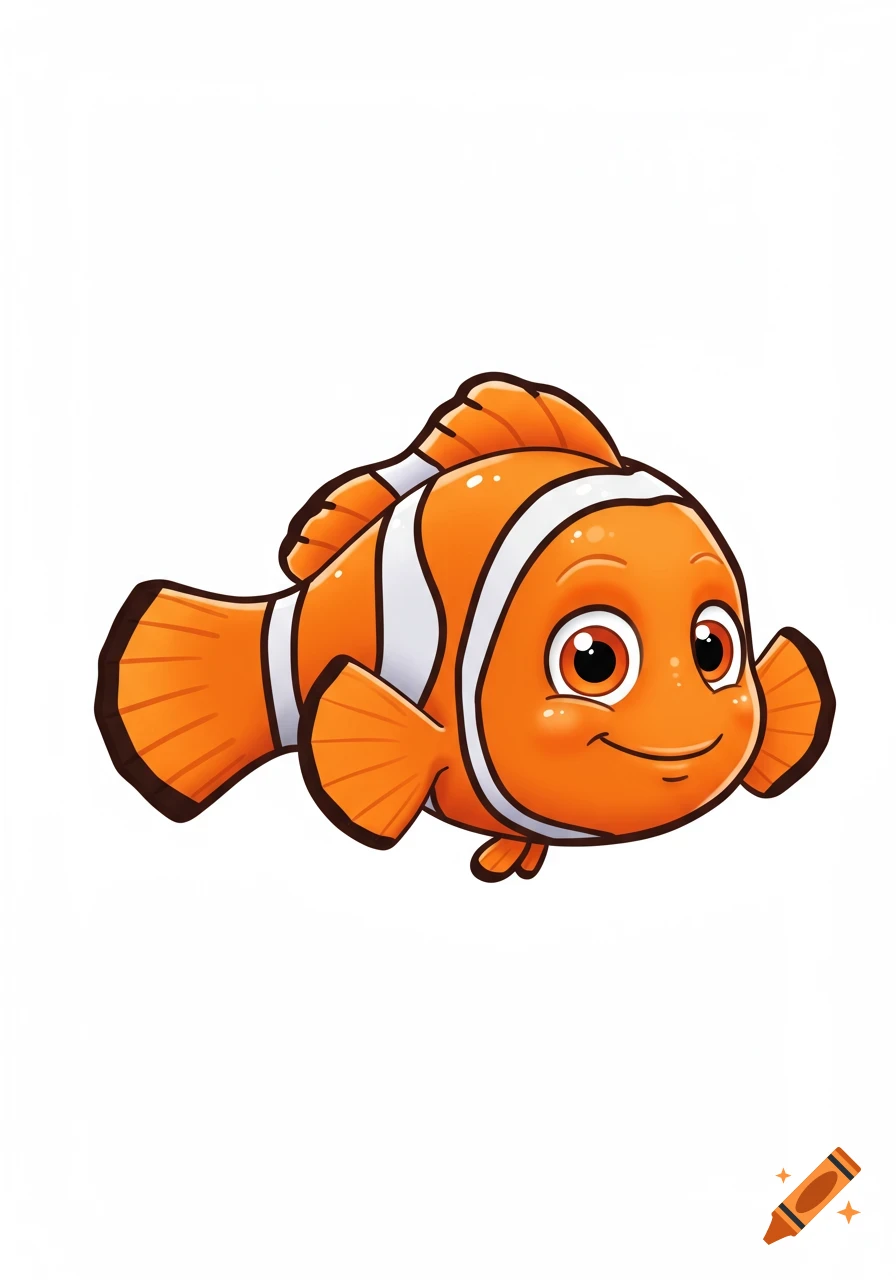 A smiling, cheerful cartoon clownfish with an orange body and white stripes, set against a plain white background.
